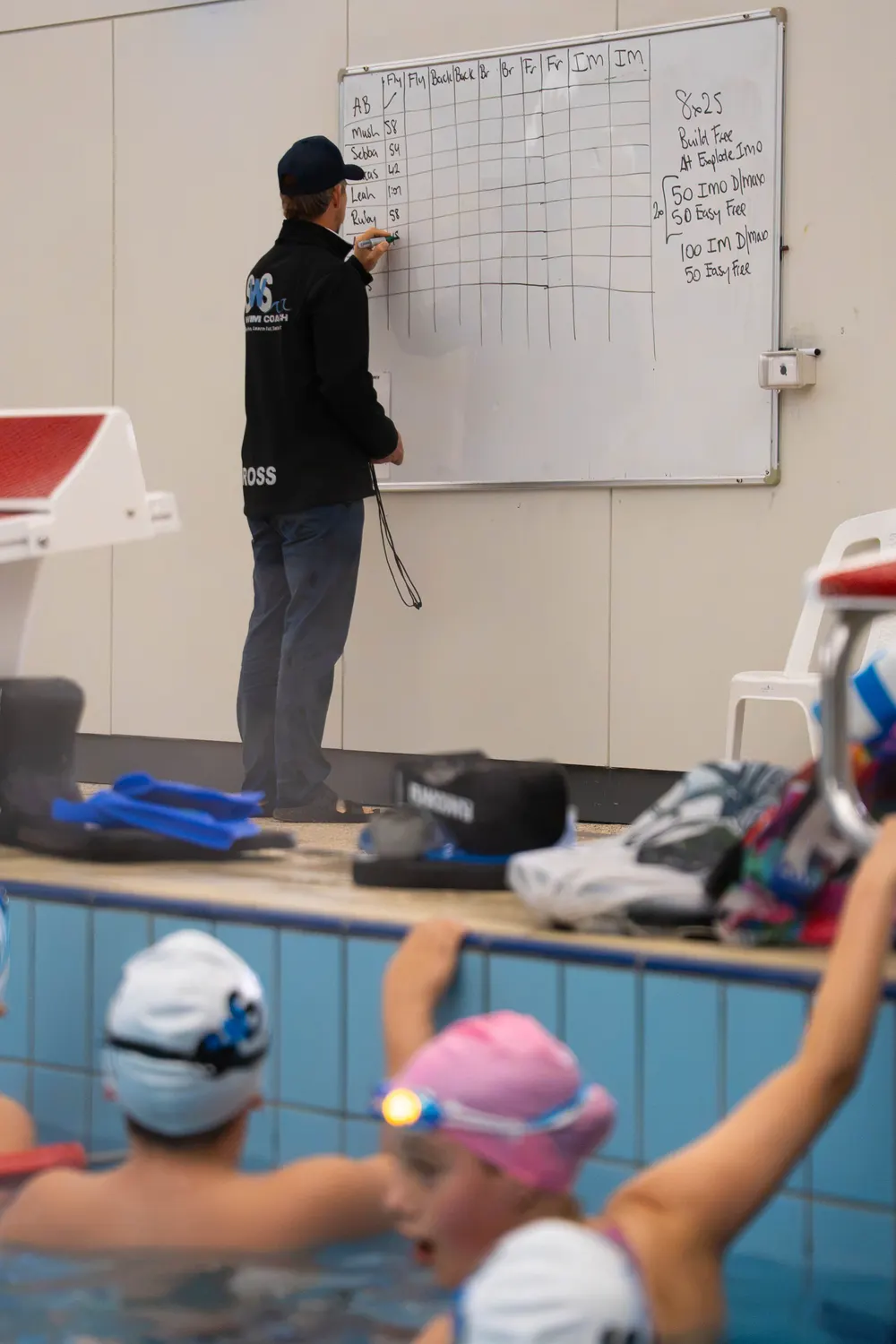 A Speed With Style coach writing the session set on a whiteboard while swimmers wait at the wall with their hands up